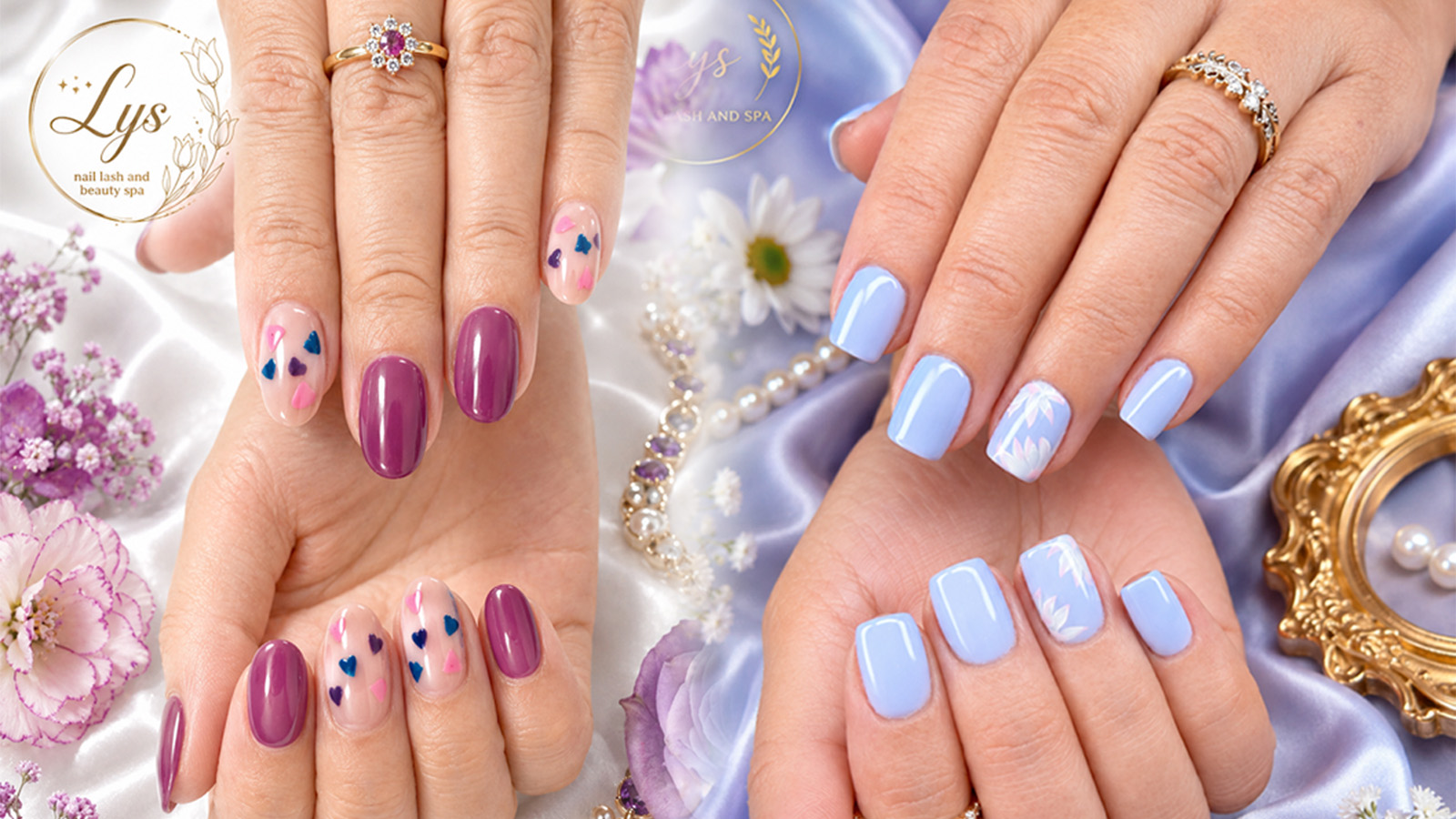 Gel polish and dip powder nail art side by side