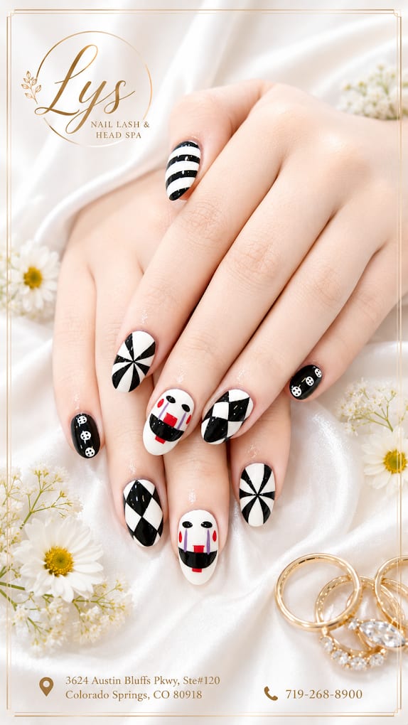 Black and white harlequin nail art with polka dot and striped accents