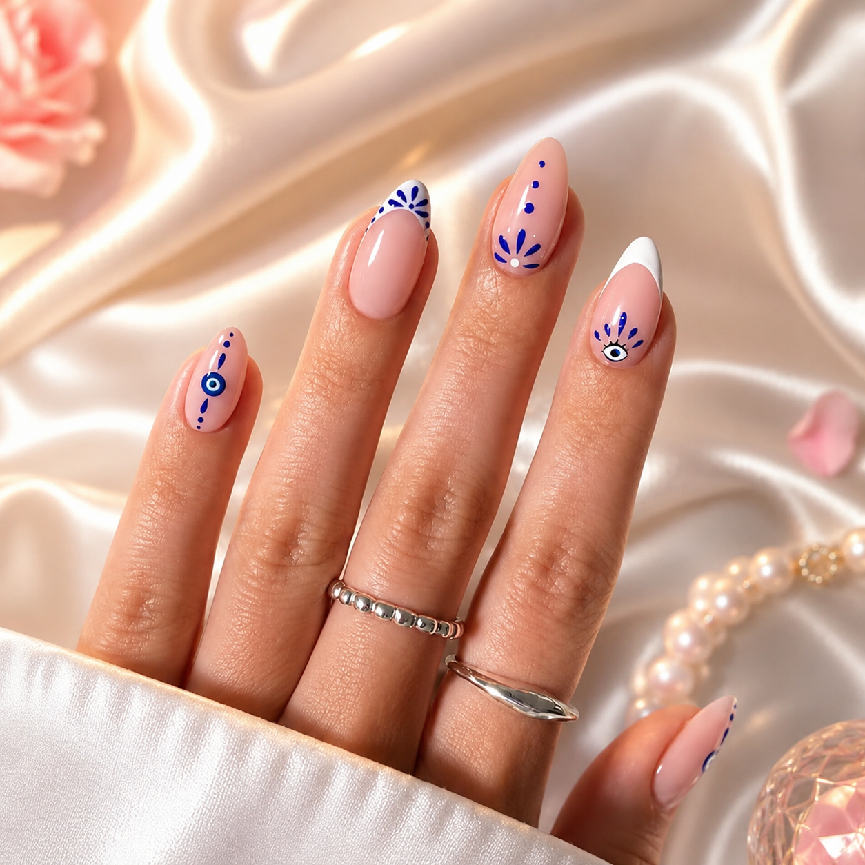 Nude nail art with blue evil eye and floral accent details