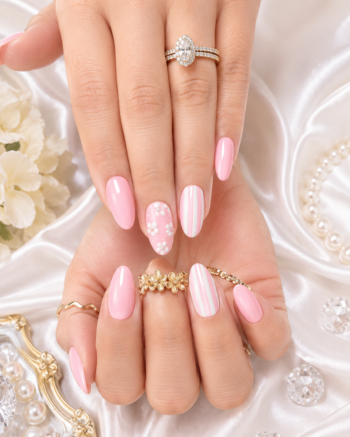 Pink and white nail art with striped accents and 3D flower details