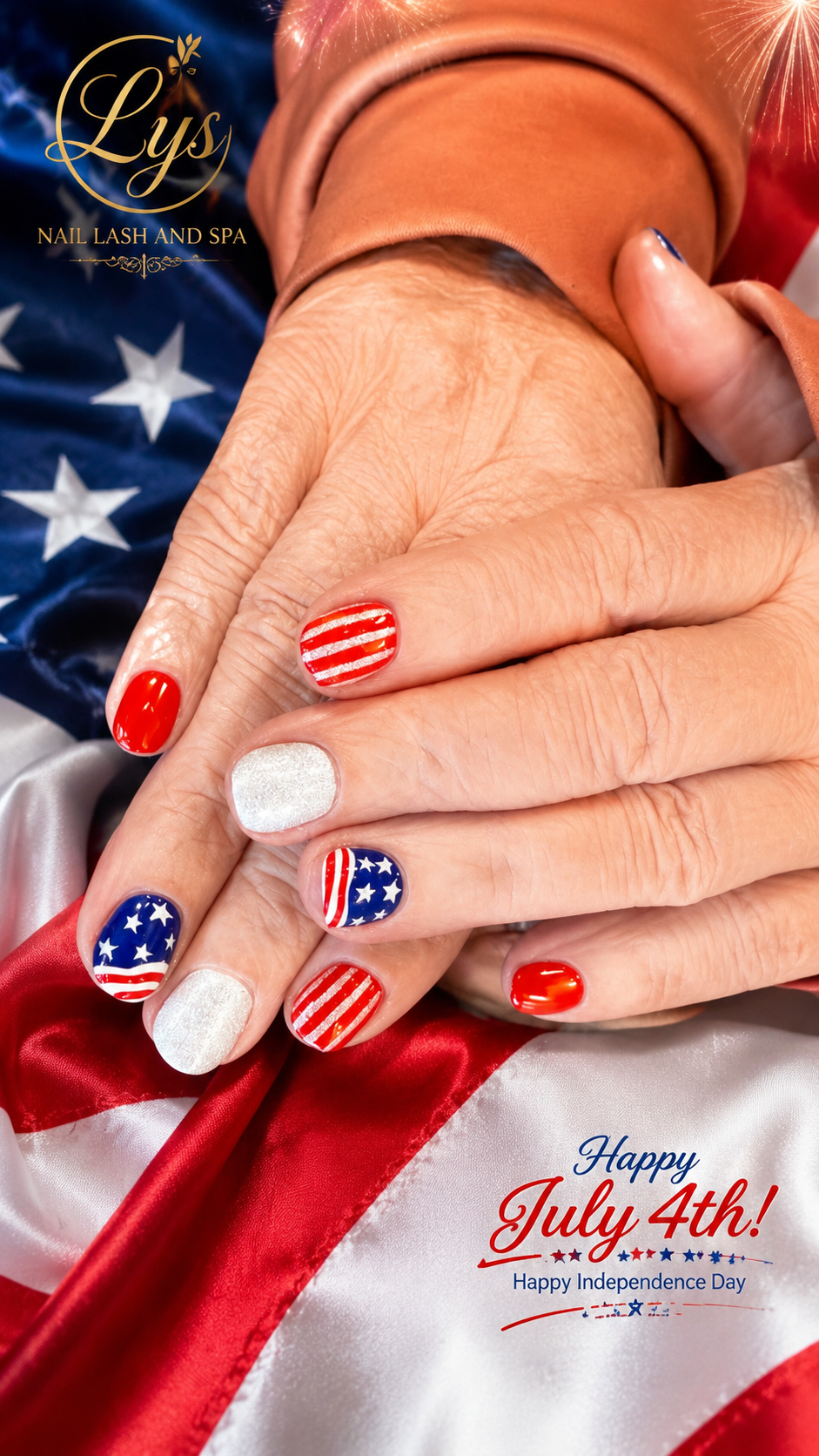 Red, white, and blue patriotic nail art for July 4th